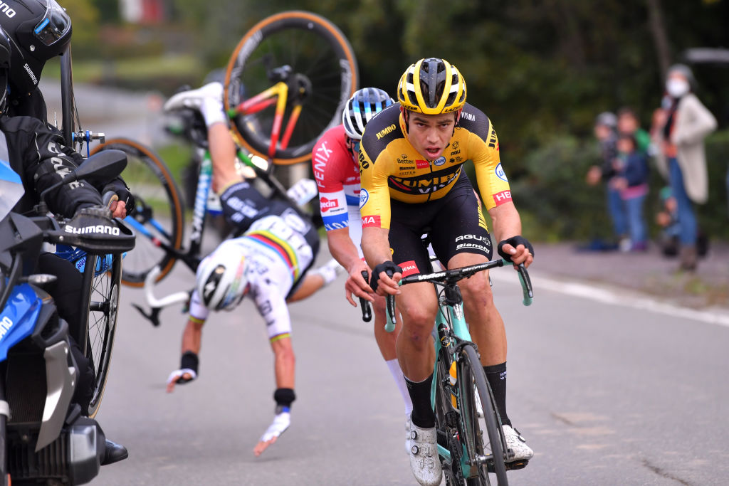OUDENAARDE, BELGIUM - OCTOBER 18: Julian Alaphilippe of France and Team Deceuninck - Quick-Step World Champion Jersey / Wout Van Aert of Belgium and Team Team Jumbo - Visma / Mathieu Van Der Poel of The Netherlands and Team Alpecin-Fenix / Breakaway / Accident / Crash / Motorbike / during the 104th Tour of Flanders 2020 - Ronde van Vlaanderen - Men Elite a 243,3km race from Antwerpen to Oudenaarde / #RVV20 / @FlandersClassic / on October 18, 2020 in Oudenaarde, Belgium. (Photo by Luc Claessen/Getty Images)