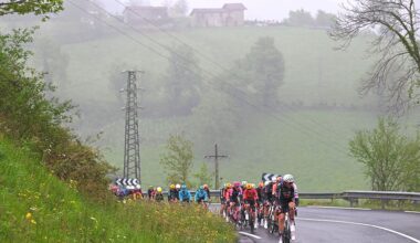ANTZUOLA, SPAIN - APRIL 11: Brandon McNulty of United States and UAE Team Emirates - XRG leads the peloton during the 65th Itzulia Basque Country 2026, Stage 6 a 135.2km stage from Goizper-Antzuola to Bergara / #UCIWT / on April 11, 2026 in Goizper-Antzuola, Spain. (Photo by Tim de Waele/Getty Images)