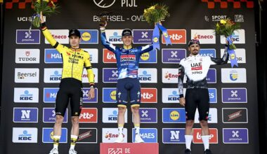 Wout van Aert of Team Visma-Lease a Bike, Remco Evenepoel of Soudal Quick-Step, third placed Portuguese Antonio Morgado of UAE Team Emirates celebrate on the podium after the men's 'Brabantse Pijl'