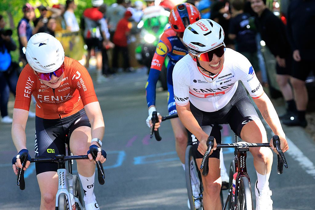 Kasia Niewiadoma-Phinney en route to third place at Li&egrave;ge-Bastogne-Li&egrave;ge Femmes