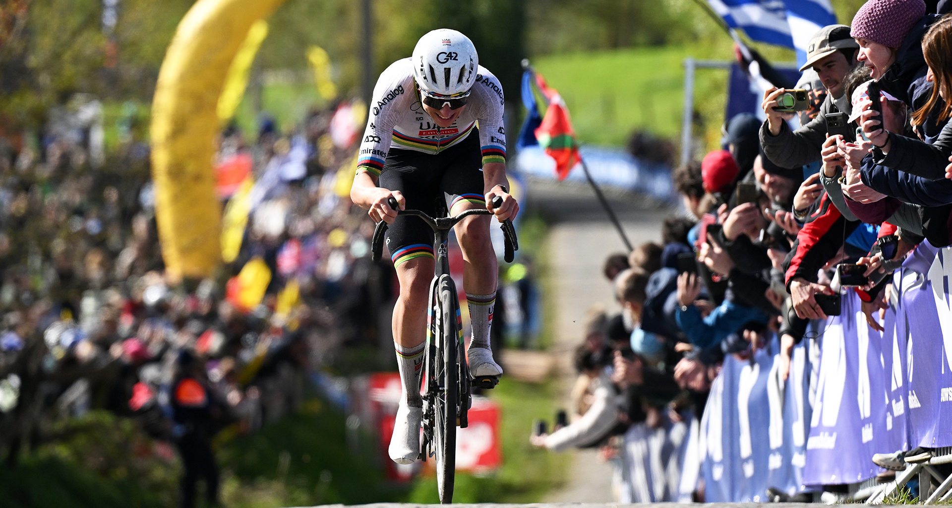 OUDENAARDE, BELGIUM - APRIL 05: Tadej Pogacar of Slovenia and UAE Team Emirates - XRG competes in the breakaway passing through the Paterberg cobblestones sector during the 110th Tour of Flanders - Ronde van Vlaanderen 2026 - Men's Elite a 278.6km one day race from Antwerp to Oudenaarde / #UCIWT / on April 05, 2026 in Oudenaarde, Belgium. (Photo by Dario Belingheri/Getty Images)