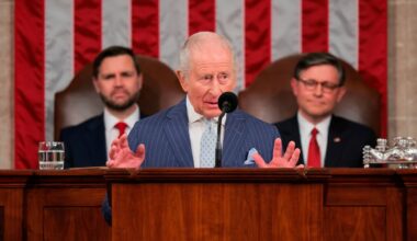 Britain's King Charles III addresses a joint meeting of Congress while Vice President JD Vance, left, and House Speaker Mike Johnson, R-La., right, listen in the House Chamber of the U.S. Capitol in Washington, Tuesday, April 28, 2026. (Kylie Cooper/Pool via AP)