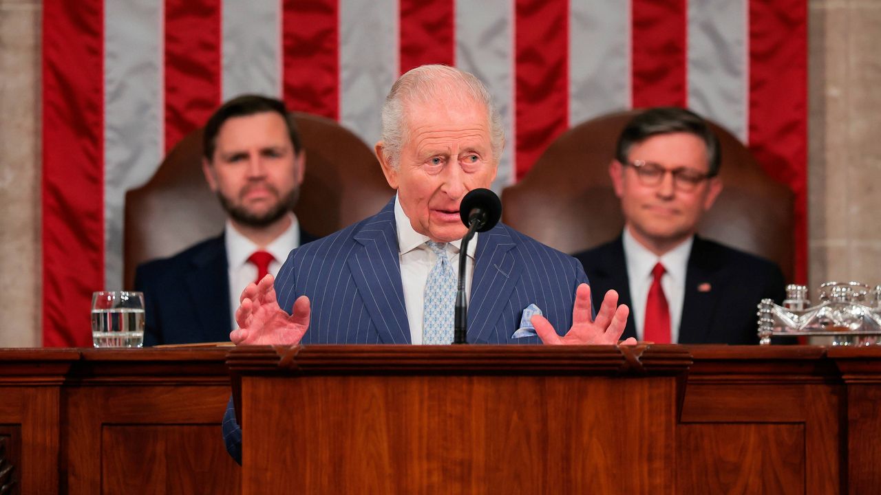 Britain's King Charles III addresses a joint meeting of Congress while Vice President JD Vance, left, and House Speaker Mike Johnson, R-La., right, listen in the House Chamber of the U.S. Capitol in Washington, Tuesday, April 28, 2026. (Kylie Cooper/Pool via AP)