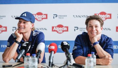 Mathieu van der Poel and Jasper Philipsen pictured during press conference of Alpecin-Premier Tech cycling team ahead of this year's Paris-Roubaix