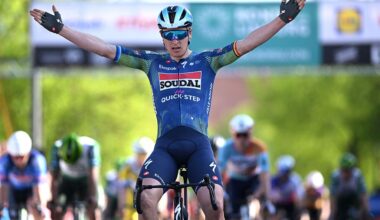 Tim Merlier of Belgium and Team Soudal Quick-Step celebrates at finish line as race winner during Ronde Van Limburg 2026 a 178.4km one day race. (Photo by Luc Claessen/Getty Images)