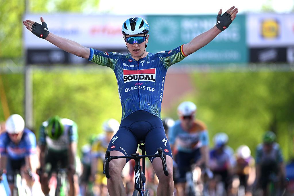 Tim Merlier of Belgium and Team Soudal Quick-Step celebrates at finish line as race winner during Ronde Van Limburg 2026 a 178.4km one day race. (Photo by Luc Claessen/Getty Images)