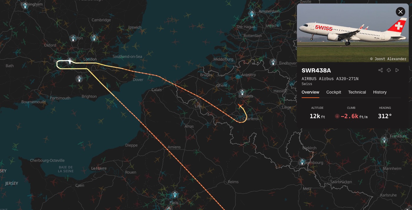 Swiss flight LX325 from London is declaring an emergency over Belgium