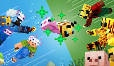 A split blue‑and‑green scene showing Minecraft players and baby mobs flying toward each other. On one side are the land mobs and on the other are the water mobs, creating a playful, energetic mid‑air clash.