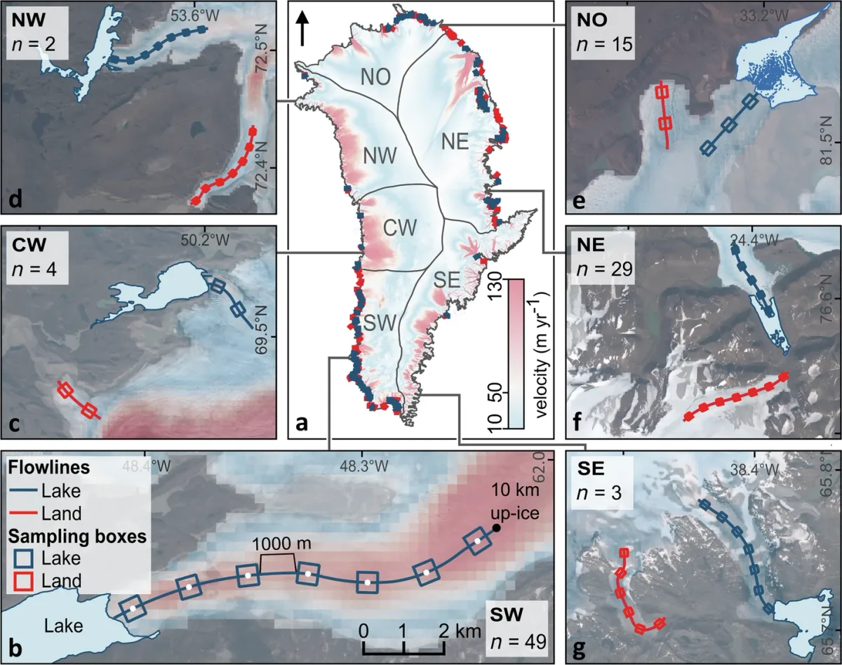 Map of Greenland's glacier locations and ice sheet regions