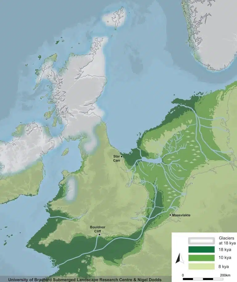 Map Showing The Extent Of Doggerland And Surrounding Regions During And After The Last Ice Age