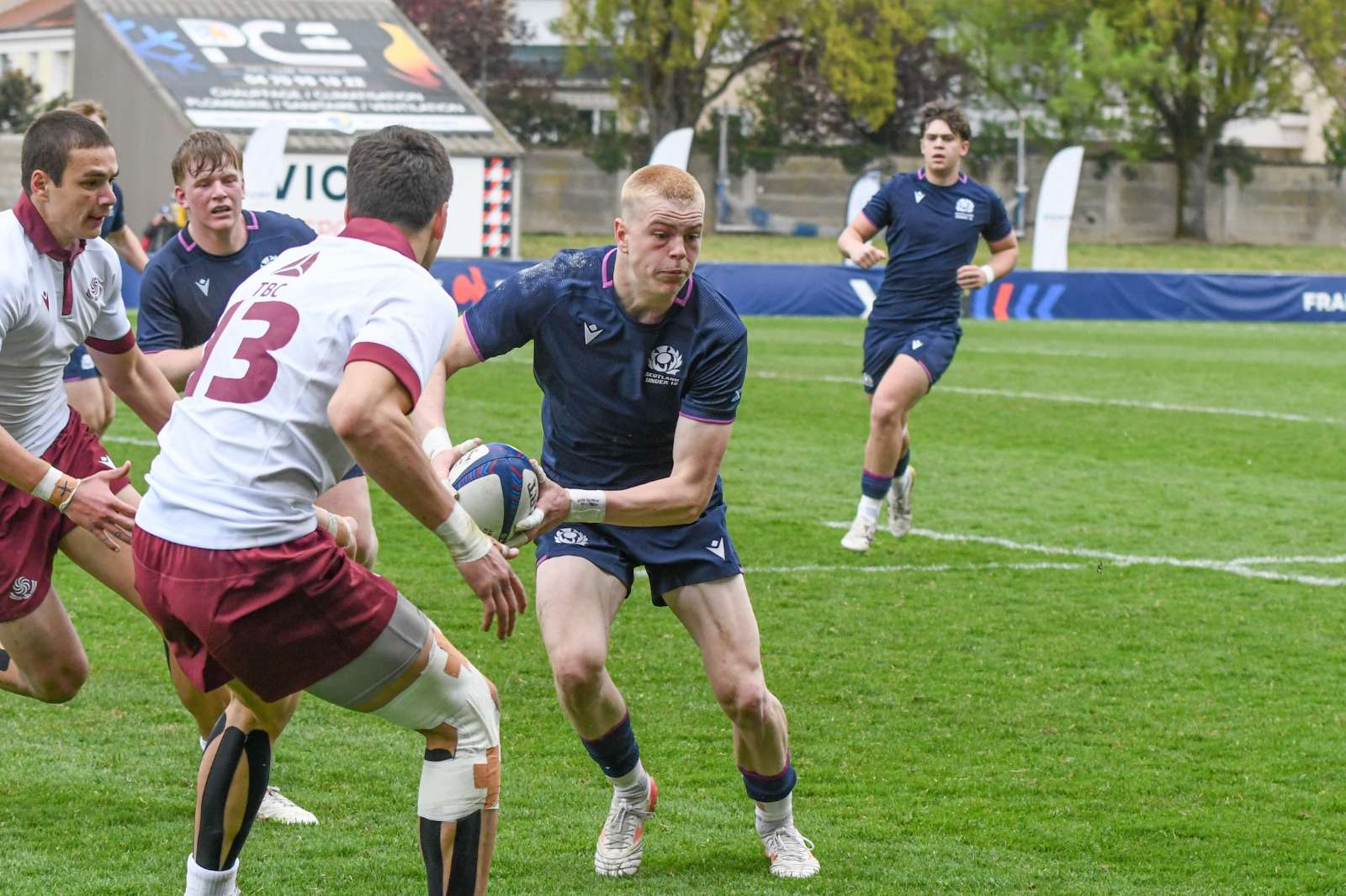 Murray Waugh carries the ball during Scotland U18s' win over Georgia on Saturday morning. Image: Joe Anderson