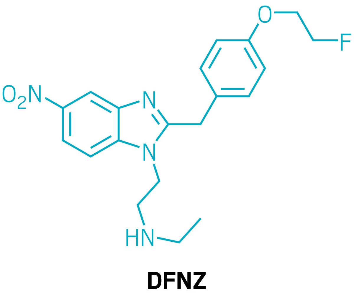 Structure of <i>N</i>-desethyl-fluornitrazene, or DFNZ.