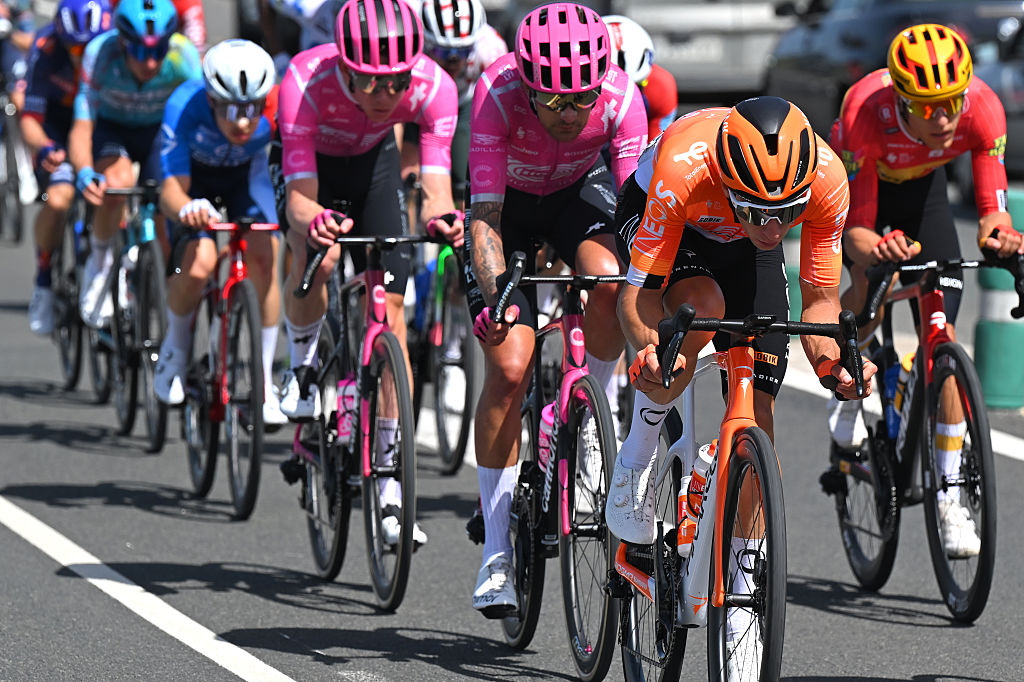 BASAURI, SPAIN - APRIL 08: Axel Laurance of France and Team INEOS Grenadiers competes in the breakaway during the 65th Itzulia Basque Country 2026, Stage 3 a 152.8km stage from Basauri to Basauri / #UCIWT / on April 08, 2026 in Basauri, Spain. (Photo by Tim de Waele/Getty Images)