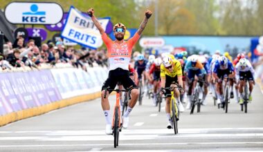 WAREGEM, BELGIUM - APRIL 01: Filippo Ganna of Italy and Team INEOS Grenadiers celebrates at finish line as race winner during the 80th Dwars Door Vlaanderen 2026 - Men's Elite a 184.6km one day race from Roeselare to Waregem / #UCIWT / on April 01, 2026 in Waregem, Belgium. (Photo by Dario Belingheri/Getty Images)