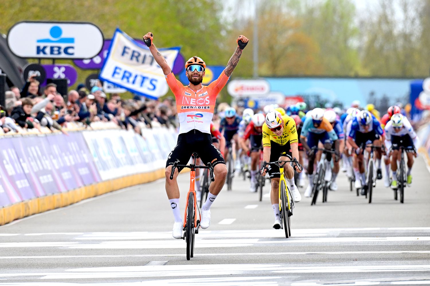 WAREGEM, BELGIUM - APRIL 01: Filippo Ganna of Italy and Team INEOS Grenadiers celebrates at finish line as race winner during the 80th Dwars Door Vlaanderen 2026 - Men's Elite a 184.6km one day race from Roeselare to Waregem / #UCIWT / on April 01, 2026 in Waregem, Belgium. (Photo by Dario Belingheri/Getty Images)