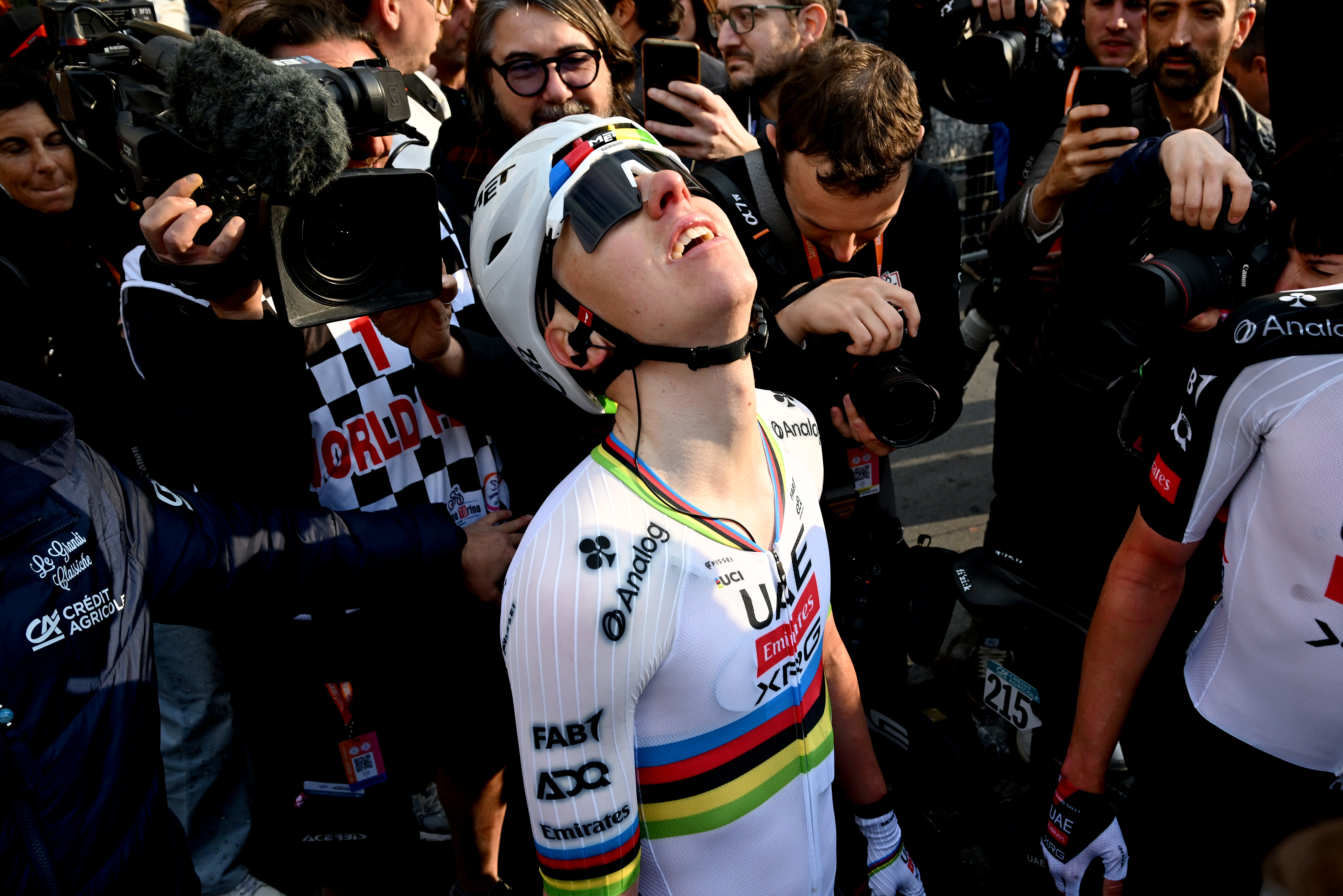 SANREMO, ITALY - MARCH 21: (EDITORS NOTE: Image has been converted to black and white.) Race winner Tadej Pogacar of Slovenia and UAE Team Emirates - XRG reacts after the 117th Milano-Sanremo 2026, Men's Elite a 298km one day race from Pavia to Sanremo / #UCIWT / on March 21, 2026 in Sanremo, Italy. (Photo by Dario Belingheri/Getty Images)