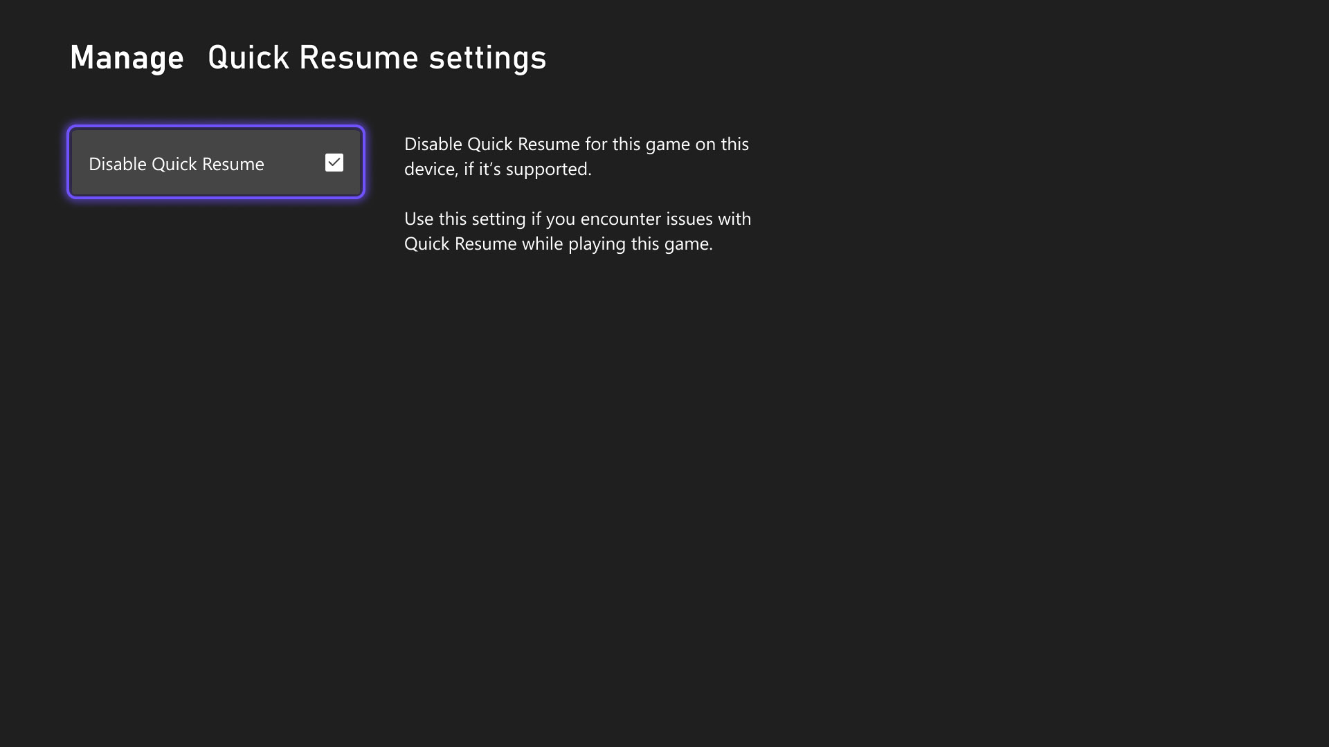 Quick Resume Settings Asset
