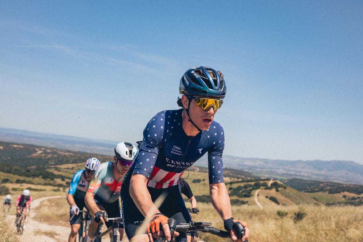 Bradyn Lange (Canyon x DT Swiss All-Terrain Racing) heading toward a win at the Sea Otter Classic Gravel Race, the opening round of the 2026 Life Time Grand Prix series
