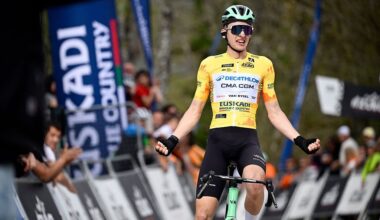 Current overall ranking leader Team Decathlon CMA CGM's French rider Paul Seixas celebrates winning the second stage of the Basque Country's Itzulia cycling tour, a 164.1 km race between Pamplona and Mendukilo cave, near Astitz, on April 7, 2026. (Photo by ANDER GILLENEA / AFP)