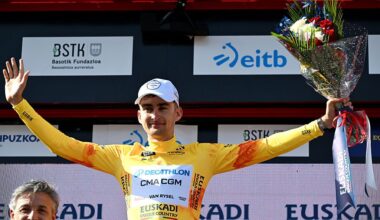 GALDAKAO, SPAIN - APRIL 09: Paul Seixas of France and Team Decathlon CMA CGM celebrates at podium as Yellow Leader Jersey winner during the 65th Itzulia Basque Country 2026, Stage 4 a 167.2km stage from Galdakao to Galdakao on / #UCIWT / April 09, 2026 in Galdakao, Spain. (Photo by Tim de Waele/Getty Images)
