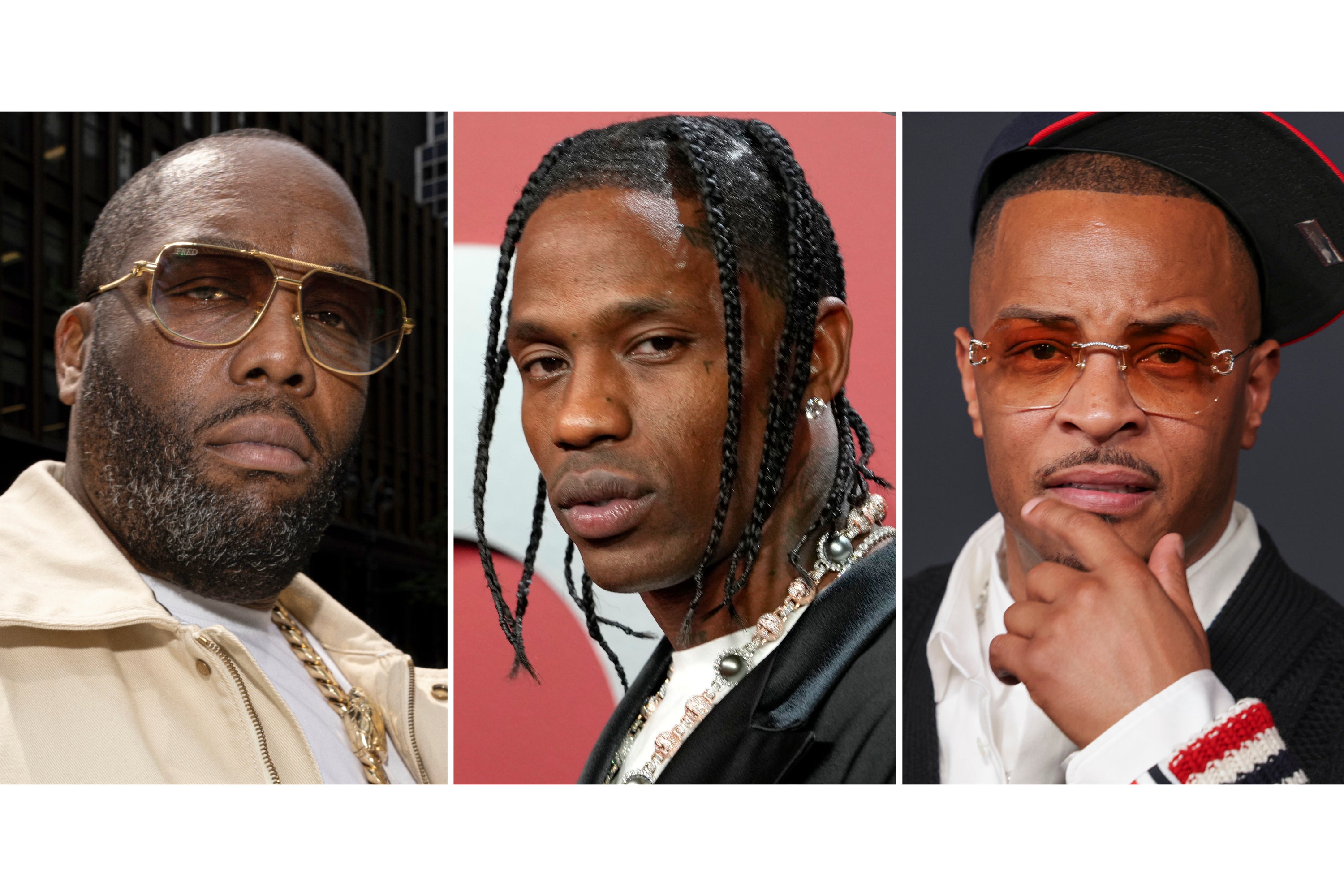 This combination of photos show rappers Killer Mike, from left, Travis Scott and T.I. (AP Photo)