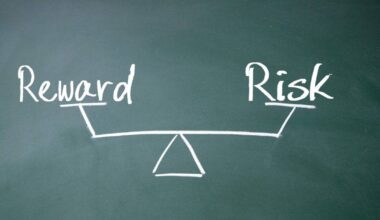 Chalkboard representation of risk versus reward on a pair of scales
