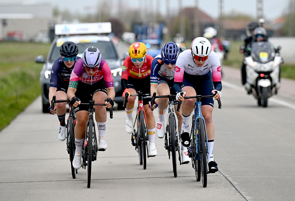 WAREGEM, BELGIUM - APRIL 01: (L-R) Idoia Eraso of Spain and Team Laboral Kutxa - Fundacion Euskadi and Alison Avoine of France and Team Ma Petite Entreprise compete in the breakaway during the 14th Dwars door Vlaanderen 2026 - Women's Elite a 128.8km one day race from Waregem to Waregem / #UCIWWT / on April 01, 2026 in Waregem, Belgium. (Photo by Luc Claessen/Getty Images)