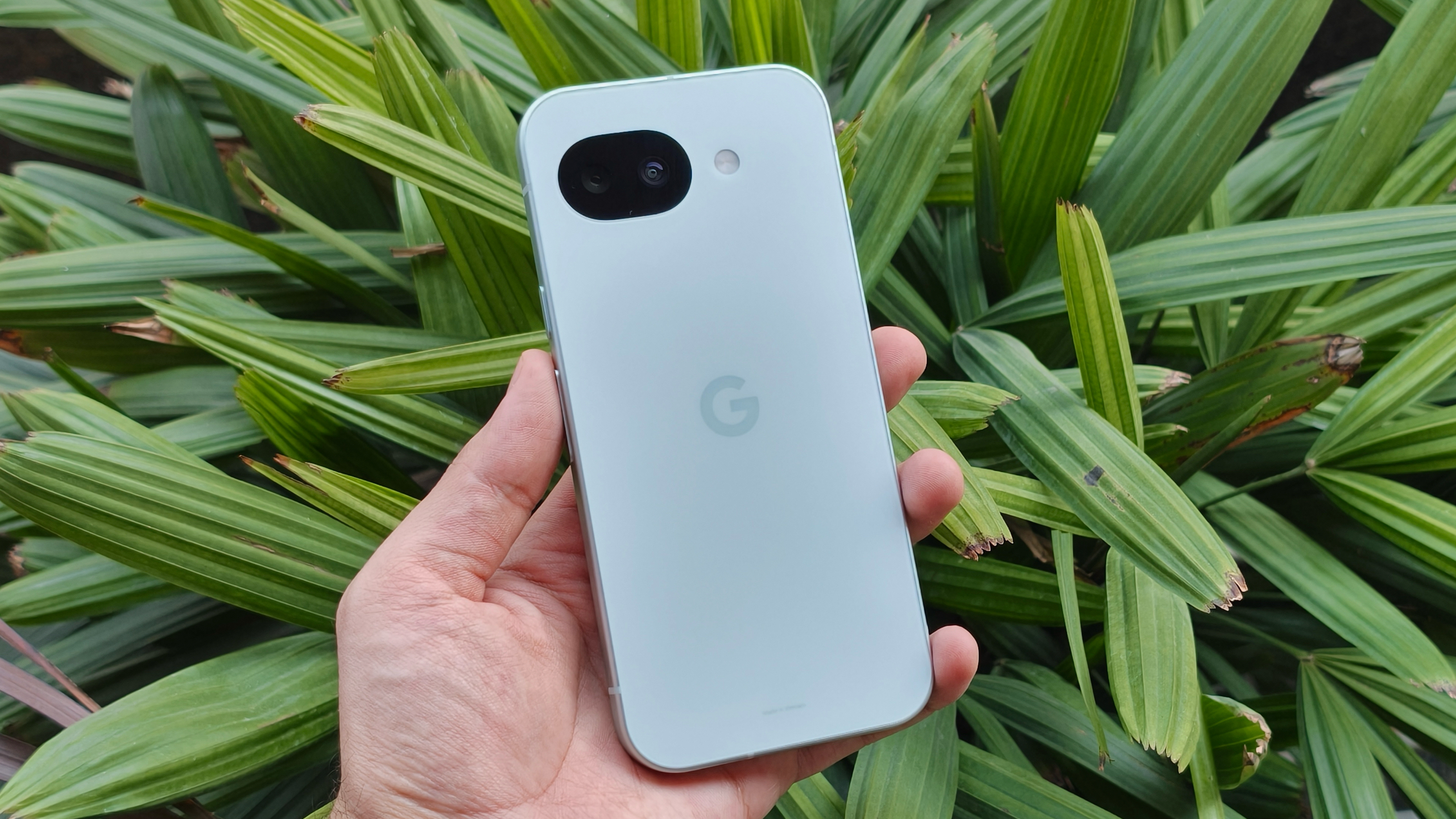 Google Pixel 10a in mint color in front of green leaves