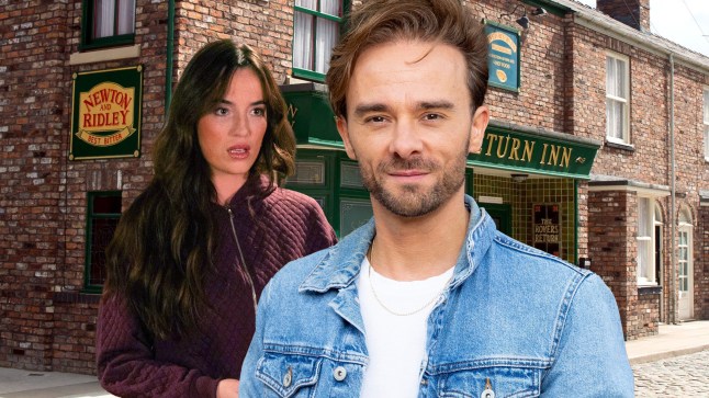 A Coronation Street collage featuring Jodie Ramsey and David Platt in front of the Rovers Return pub.