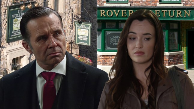 Graham Foster in front of the Woolpack in Emmerdale and Jodie Ramsey in front of the Rovers Return Coronation Street