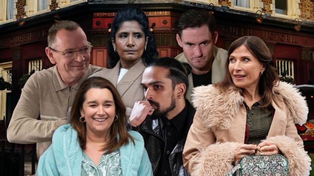A composite image of Ian Beale, Vicki Fowler, Suki Panesar, Ravi Gulati, Zack Hudson and Bea Pollard