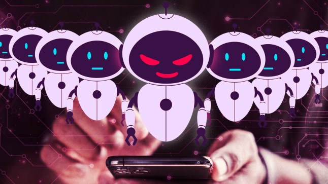 A row of cartoon robots, one with a red, angry face, hovering over someone holding a phone.