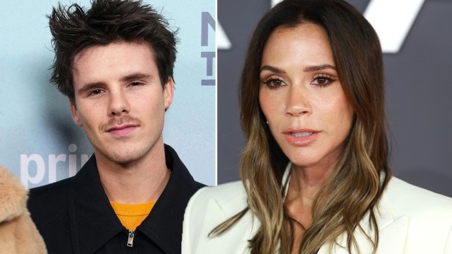 Close-ups of Cruz Beckham and Victoria Beckham.