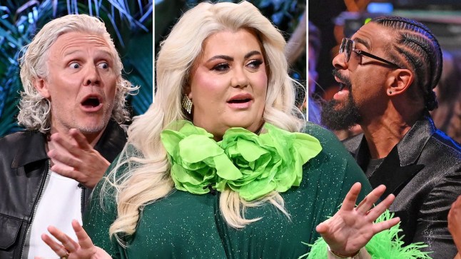 Gemma Collins in a comp, between Jimmy Bullard and David Haye as they shout on I'm A Celebrity final