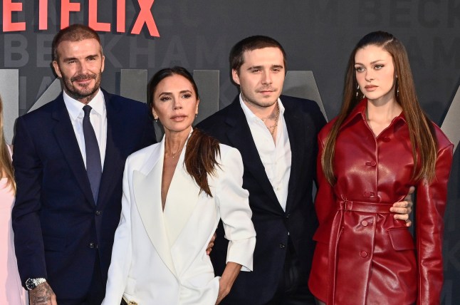 LONDON, ENGLAND - OCTOBER 03: (L-R) Mia Regan, Romeo Beckham, Cruz Beckham, Harper Beckham, David Beckham, Victoria Beckham, Brooklyn Peltz Beckham and Nicola Peltz Beckham attend the Netflix 'Beckham' UK Premiere at The Curzon Mayfair on October 03, 2023 in London, England. (Photo by Gareth Cattermole/Getty Images)