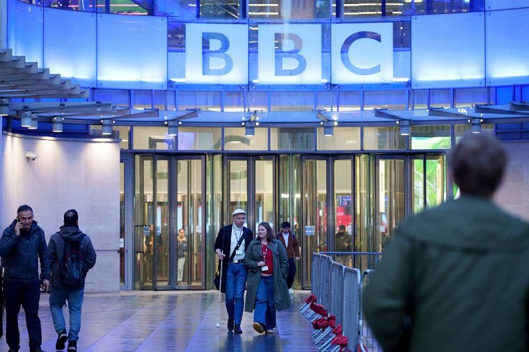 Following the resignations of BBC Director General Tim Davie and CEO of news Deborah Turness and US President Donald Trump's threat of a lawsuit due to the editing of a BBC Panorama film about the US insurrection on the US Capitol, are BBC staff leaving Broadcasting House, on 10th November 2025, in London, England. (Photo by Richard Baker / In Pictures via Getty Images)