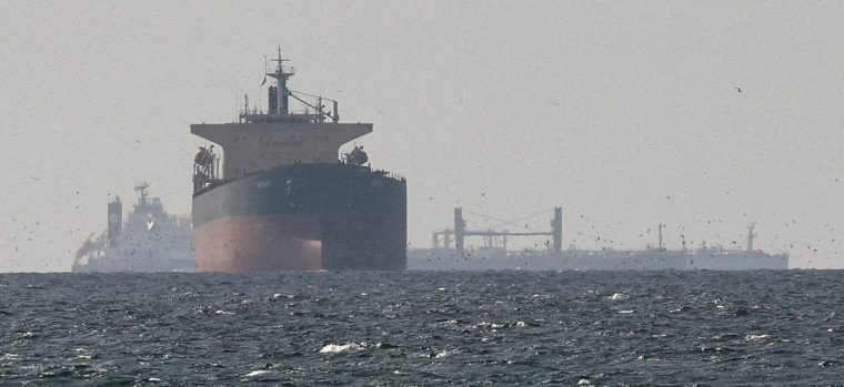 FILE PHOTO: Cargo ships in the Gulf, near the Strait of Hormuz, as seen from northern Ras al-Khaimah, near the border with Oman???s Musandam governance, amid the U.S.-Israeli conflict with Iran, in United Arab Emirates, March 11, 2026. REUTERS/Stringer/File Photo