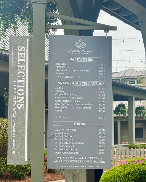 The menu board for the 2026 Augusta National Women's Amateur - held at Augusta National Golf Club in Augusta, Georgia.