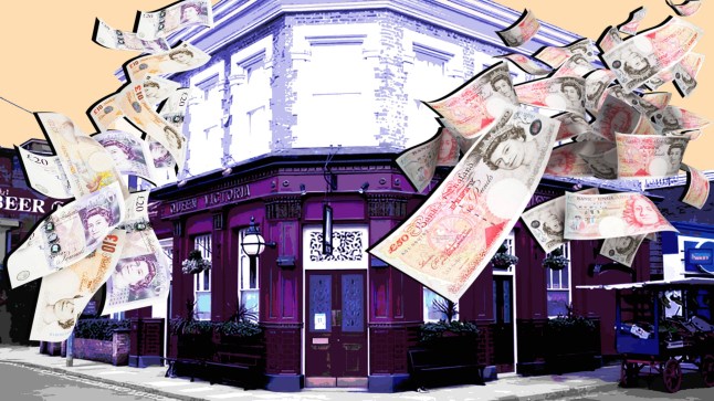 A collage of EastEnders' Queen Vic pub with cash flying all around it.