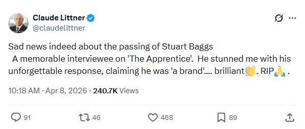 The Apprentice fans awkwardly forced to tell Claude Littner that contestant died 11 years ago