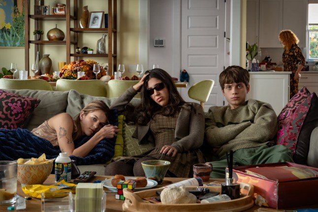 ROOMMATES. (L to R) Chloe East as Celeste, Sadie Sandler as Devon, Aidan Langford as Alex and Natasha Lyonne as Hannah in Roommates. Cr. Scott Yamano/Netflix ?? 2026.