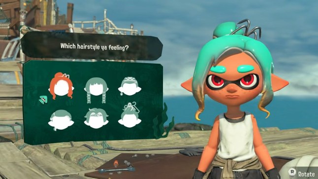 Splatoon Raiders character creation screen showing different hairstyles
