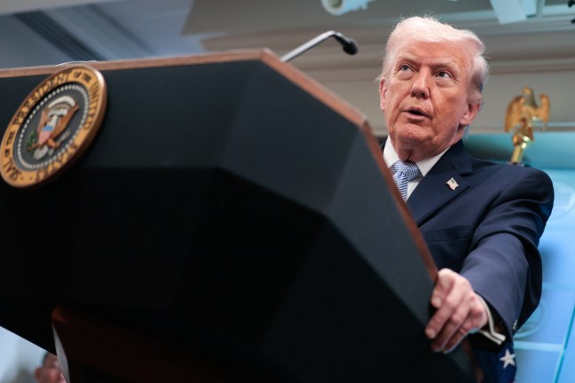 US President Donald Trump speaks about the conflict in Iran in the James S. Brady Press Briefing Room of the White House on April 6, 2026, in Washington, DC. (Photo by Kent Nishimura / AFP via Getty Images)