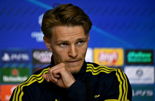 Arsenal's Norwegian midfielder #08 Martin Odegaard attends a press conference on the eve of the UEFA Champions League semi final first leg football match against Club Atletico de Madrid at the Metropolitano stadium in Madrid on April 28, 2026. (Photo by Javier SORIANO / AFP via Getty Images)