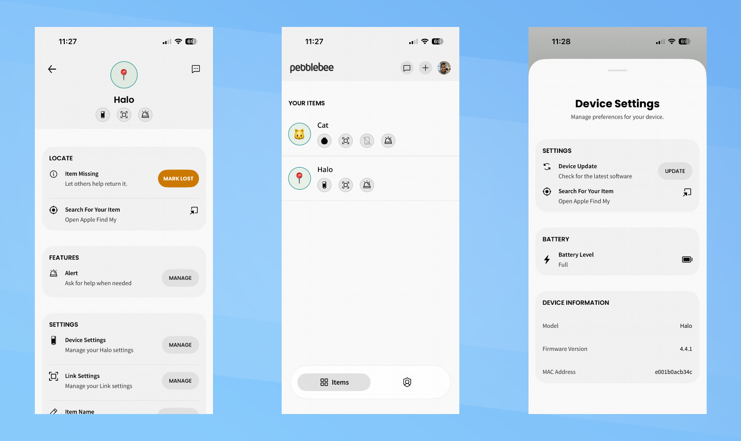 Pebblebee Halo screenshots.