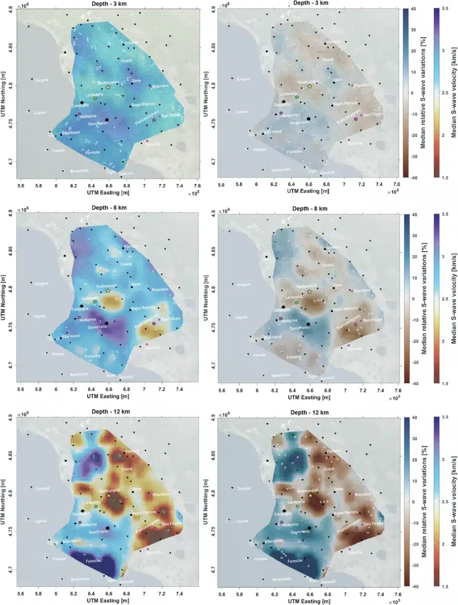 Seismic Wave Velocity Variations At Depths Of 3 Km, 8 Km, And 12 Km Beneath Tuscany.