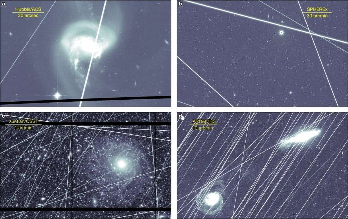 Simulated Effects Of Satellite Trails In Hubble, Spherex, Xuntian And Arrakihs