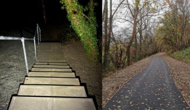 Steps at entrance to cycling and walking path at Cynwyd