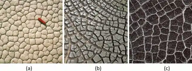 Surface Crack Geometries (a)–(b) Desiccation Induced Mud Patterns; (c) Polygonal Terrain On Mars