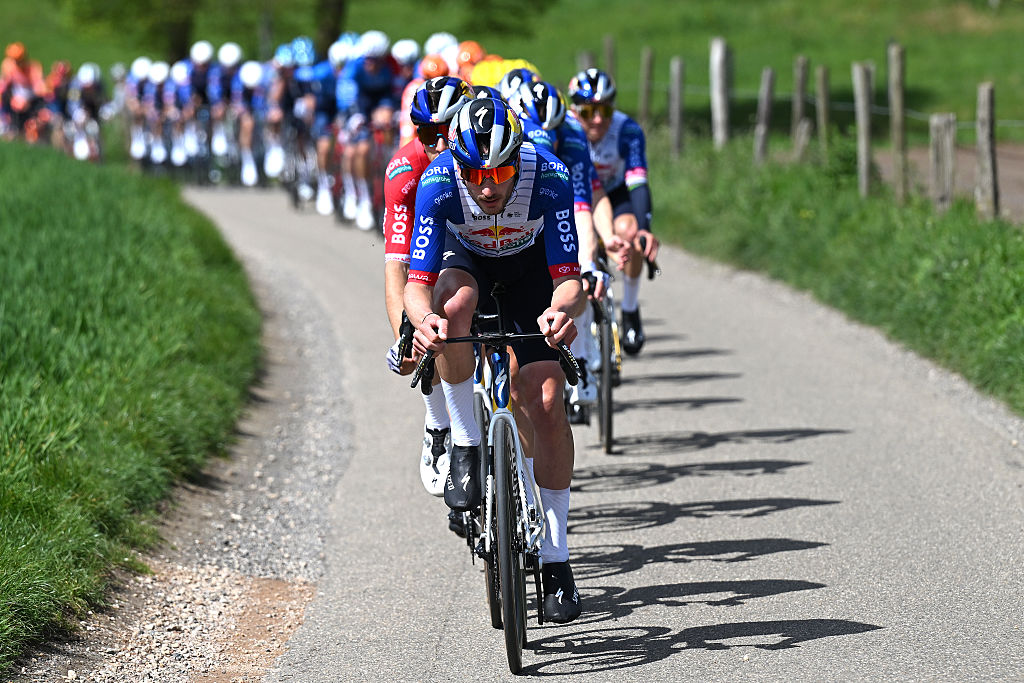 Tim van Dijke of Red Bull - BORA - hansgrohe leads the peloton during Amstel Gold Race 2026